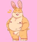 2020 anthro balls belly blush eyes_closed genitals humanoid_genitalia humanoid_hands humanoid_penis lagomorph leporid male mammal moobs navel nipples overweight overweight_male penis rabbit shyybuchi simple_background solo 