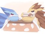  4:3 alolan_sandslash blue_eyes blush bodily_fluids claws duo eating furniture hibari kajinchu nintendo pok&eacute;mon pok&eacute;mon_(species) regional_form_(pok&eacute;mon) sabari sandslash simple_background sweat table video_games 