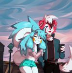  belt blue_eyes blue_hair collar ear_piercing furry happy highres jacket lycanroc original pacha_(pachastuff) pachirisu phone piercing pokemon red_fur road_sign shorts sign smile tongue white_hair 