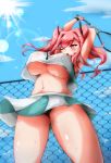  1girl ;o arm_behind_head armpits arms_up azur_lane bangs bare_legs bare_shoulders black_panties blue_sky blush breasts bremerton_(azur_lane) bremerton_(scorching-hot_training)_(azur_lane) chain-link_fence cloud commentary_request covered_nipples cowboy_shot crop_top crop_top_overhang day eyebrows_visible_through_hair fence foreshortening from_below green_skirt grey_hair hair_between_eyes hair_intakes hair_ornament hairclip highres holding_racket large_breasts lens_flare light_particles long_hair looking_to_the_side midriff mole mole_under_eye multicolored_hair navel nogitarou one_eye_closed outdoors panties pantyshot pantyshot_(standing) pink_eyes pink_hair racket see-through shirt sidelocks skirt skirt_lift sky sleeveless sleeveless_shirt solo sportswear standing streaked_hair stretch sun sunlight sweat tennis_racket tennis_uniform twintails two-tone_hair two-tone_shirt two-tone_skirt underboob underwear upper_teeth wet wet_clothes wet_shirt white_shirt white_skirt wind wind_lift wristband x_hair_ornament 