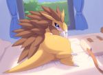  bag bed blue_eyes claws digit_ring eyewear furniture glasses jewelry kajinchu looking_at_viewer nintendo on_bed pillow pok&eacute;mon pok&eacute;mon_(species) ring sabari sandslash solo video_games wedding_ring window 