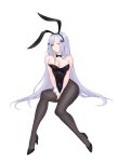  1girl absurdres animal_ears bare_shoulders between_legs black_footwear black_legwear black_leotard bow bowtie breasts bunny_ears bunnysuit cleavage closed_mouth covered_navel cross_hair_ornament detached_collar earrings facial_mark fake_animal_ears girls_frontline green_eyes hair_ornament hairband high_heels highres hk416_(girls_frontline) hoop_earrings invisible_chair jewelry large_breasts leotard long_hair looking_at_viewer one_eye_closed pantyhose silver_hair sitting siun solo strapless strapless_leotard v_arms very_long_hair wrist_cuffs 