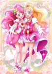  2girls :d aqua_eyes blonde_hair commentary_request cure_flora cure_grace eyebrows_visible_through_hair full_body gloves go!_princess_precure hanadera_nodoka hanzou haruno_haruka healin&#039;_good_precure heart highres long_hair looking_at_viewer magical_girl multicolored_hair multiple_girls open_mouth pink_eyes pink_hair precure smile standing streaked_hair white_gloves 