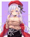  1girl aran_sweater azur_lane belfast_(azur_lane) belfast_(shopping_with_the_head_maid)_(azur_lane) beret black_skirt blush breasts brown_sweater choker cleavage collarbone earrings eyebrows_visible_through_hair food hair_between_eyes hat heart highres holding holding_food holding_pocky hoop_earrings huge_breasts jewelry long_hair looking_at_viewer off-shoulder_sweater off_shoulder one_eye_closed pencil_skirt pocky purple_background purple_eyes red_headwear shawl silver_hair skirt smile solo sweater tofu_fufu two-tone_background underboob white_background 