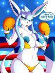  2017 3:4 anthro areola big_breasts bikini bikini_thong black_nose blue_body blue_fur blue_nipples boxing boxing_gloves breasts clothing eeveelution female fur glaceon handwear hi_res markings mlpboxing multicolored_body multicolored_fur navel nintendo nipples pok&eacute;mon pok&eacute;mon_(species) rope solo speech_bubble sport swimwear tongue tongue_out undressing video_games 