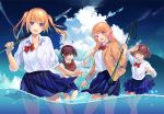  4girls :d ;d ahoge amatani_mutsu blazer blonde_hair blue_eyes blue_skirt bow bowtie brown_eyes cloud day fang glasses green_eyes jacket kujou_shion long_hair looking_at_viewer miniskirt multiple_girls ocean official_art one_eye_closed onishima_homare open_mouth outstretched_arms pleated_skirt polearm purple_eyes red-framed_eyewear red_bow red_neckwear sagaraise school_uniform shirt short_hair skirt sky sleeves_rolled_up smile sounan_desuka? spear splashing suzumori_asuka sweater_vest twintails undone_bowtie wading water weapon wet wet_clothes wet_skirt white_shirt 