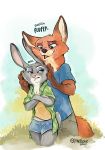  2020 anthro black_nose bottomwear brown_body brown_fur buckteeth canid canine clothed clothing crossed_arms dialogue disney duo english_text fox fully_clothed fur grey_body grey_fur hand_on_head hi_res hotpants judy_hopps lagomorph leporid mammal nick_wilde rabbit red_fox shirt shorts sophiecabra t-shirt teeth text topwear zootopia 
