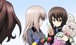  3girls akaboshi_koume bangs black_jacket black_neckwear blurry blurry_foreground brown_eyes brown_hair closed_mouth commentary depth_of_field dress_shirt eyebrows_visible_through_hair gift girls_und_panzer grey_shirt highres holding holding_gift holding_stuffed_animal itsumi_erika jacket kamishima_kanon kuromorimine_school_uniform long_sleeves looking_at_another looking_back medium_hair military military_uniform multiple_girls necktie niedersachsen_military_uniform nishizumi_maho school_uniform shirt short_hair silver_hair stuffed_animal stuffed_bunny stuffed_toy uniform v wavy_hair wing_collar 