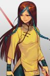  blue_hair brown_hair china_dress chinese_clothes closed_mouth dress fingernails gradient gradient_background green_pants grey_background hankuri holding holding_weapon long_hair multicolored_hair pants polearm red_eyes shion_(kof) side_braids smile solo spear streaked_hair the_king_of_fighters the_king_of_fighters_xi weapon white_nails yellow_dress 