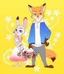  anthro barefoot canid canine clothed clothing color_edit colored disney dogear218 dress duo edit flower fox fully_clothed fur green_eyes grey_body grey_fur halu3xyz hi_res holding_flower holding_object hoodie judy_hopps lagomorph leporid mammal nick_wilde orange_body orange_fur plant purple_eyes rabbit red_fox simple_background smile standing topwear yellow_background zootopia 