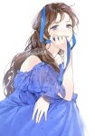  1girl artist_name bangs bare_arms bare_shoulders blue_dress blue_eyes blue_ribbon brown_hair check_copyright commentary_request dress long_hair looking_at_viewer original ribbon short_sleeves simple_background smile solo sukja white_background 