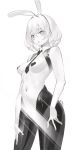  1girl animal_ears bunny_ears collar eyebrows_visible_through_hair heart_pasties highres looking_at_viewer meme_attire monochrome navel necktie open_mouth original pasties reverse_bunnysuit reverse_outfit short_hair solo yamanokami_eaka 