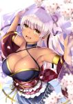  1girl arms_up bare_shoulders blurry_foreground bow breasts checkered checkered_bow cherry_blossoms cleavage criss-cross_halter dark_skin detached_sleeves dutch_angle eyebrows_visible_through_hair flower_knight_girl fujibakama_(flower_knight_girl) hakama halterneck highres japanese_clothes kuromayu large_breasts long_hair long_ponytail looking_at_viewer open_mouth pink_hair ponytail print_hakama solo yellow_eyes 