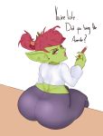  big_butt butt cigar dialogue female goblin green_body green_skin hi_res huge_butt humanoid looking_back not_furry short_stack simple_background smoking solo sundown_(artist) thick_thighs white_background wide_hips 