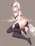  1girl animal_ears arknights ass bangs bare_arms bare_shoulders black_legwear blush bra breasts brown_eyes cleavage collarbone commentary eyebrows_visible_through_hair grey_background jpeg_artifacts jsscj long_hair looking_at_viewer lying medium_breasts no_shoes platinum_(arknights) silver_hair simple_background solo tail thighhighs thighs underwear very_long_hair white_bra 