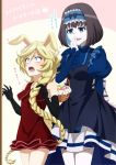  2girls animal_ears black_hair blonde_hair blue_dress blue_eyes blush braid braided_ponytail breasts bunny_ears carol_malus_dienheim dress easter easter_egg egg eyebrows_visible_through_hair frills garie_tuman hand_to_own_mouth highres long_hair miyumitu_rsm multiple_girls open_mouth ponytail senki_zesshou_symphogear sharp_teeth shiny shiny_hair short_dress short_hair small_breasts smile standing surprised teeth tongue 