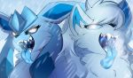 2020 alolan_ninetales ambiguous_gender black_nose blue_background blue_body blue_ears blue_eyes blue_fur blue_hair blue_inner_ear blue_mouth blue_nose blue_sky blue_tongue bodily_fluids dated drooling duo eeveelution eyelashes fan_character fangs feral fur glaceon hair hi_res icelyn_(emu34b) inner_ear_fluff looking_at_viewer lucia_(emu34b) mouth_shot nintendo open_mouth pok&eacute;mon pok&eacute;mon_(species) regional_form_(pok&eacute;mon) saliva signature simple_background sky snow teeth tinymunch tongue tongue_out tuft video_games 