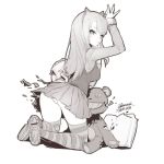  1girl animal_ears annie_hastur backpack bag breasts closed_mouth ejami finger_to_mouth greyscale league_of_legends long_hair looking_at_viewer monochrome older panties shushing simple_background skirt slippers solo striped striped_legwear stuffed_animal stuffed_toy teddy_bear thighhighs underwear white_background 