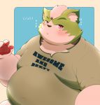  2020 anthro belly black_nose blush canid canine clothing fur green_body green_fur hi_res kemono kwzu male mammal overweight overweight_male portrait shirt solo text topwear 