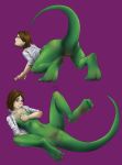  2009 all_fours brown_hair clothing erunroe female green_body hair hi_res human_to_anthro lizard navel open_mouth raised_tail reptile scalie shirt simple_background solo species_transformation topwear transformation 