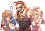  1girl 2boys armor blonde_hair breasts brown_hair dated djeeta_(granblue_fantasy) eugen_(granblue_fantasy) eyepatch fujiwara_keiji gran_(granblue_fantasy) granblue_fantasy highres medium_breasts multiple_boys nu_(dndnknkn) petting short_hair smile 