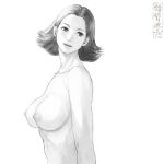  1girl :d artist_logo breasts collarbone from_side greyscale large_breasts looking_at_viewer looking_to_the_side monochrome nipples nude open_mouth original short_hair shu-mai simple_background smile solo white_background 