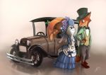  2016 anthro barefoot brown_body brown_fur canid canine clothed clothing disney duo eye_contact fox fully_clothed fur grey_body grey_fur hat headgear headwear hi_res judy_hopps lagomorph leporid looking_at_another mammal nick_wilde rabbit red_fox slothyamphawa smile umbrella vehicle zootopia 