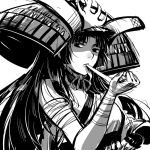  1girl armor bandaged_arm bandages copyright_request fingerless_gloves gloves greyscale hat helmet japanese_armor kabuto long_hair looking_at_viewer monochrome mouth_hold ruukii_drift simple_background single_glove solo upper_body white_background 