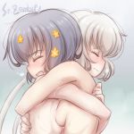  blue_hair breast_press breasts closed_eyes closed_mouth hair_ornament hug konno_junko long_hair medium_breasts mizuno_ai nude open_mouth short_hair studiozombie sweat white_hair yuri zombie_land_saga 