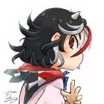  1girl avatar_icon black_hair blue_neckwear bow bowtie chamaji commentary directional_arrow horns kijin_seija looking_at_viewer lowres multicolored_hair red_eyes red_hair red_neckwear scarf short_hair sidelocks signature solo streaked_hair tongue tongue_out touhou upper_body white_background white_hair 