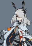  1girl animal_ears arknights bunny_ears chinese_commentary clear_ice facial_scar frostnova_(arknights) grey_background highres looking_at_viewer nose_scar scar silver_eyes solo white_hair 