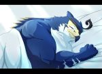  avian bed bird blue_body blue_feathers falcon falconid feathers furniture horus_(tas) male muscular muscular_male septen_trion sleeping solo tokyo_afterschool_summoners video_games 