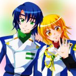  1boy 1girl athrun_zala blonde_hair blue_hair cagalli_yula_athha couple green_eyes gundam gundam_seed gundam_seed_destiny hand_on_shoulder looking_at_viewer maccha_(jam513) military military_uniform smile uniform yellow_eyes 