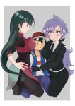  1boy 2girls absurdres black_hair blush breasts brown_eyes green_hair highres large_breasts multiple_girls natsume_(pokemon) pokemon pokemon_(anime) pokemon_(game) pokemon_swsh_(anime) purple_hair satoshi_(pokemon) 