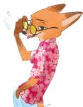  2020 anthro canid canine clothed clothing disney eyewear fox fully_clothed fur green_eyes hand_in_pocket hi_res japanese_text mammal monmokamoko nick_wilde orange_body orange_fur pockets red_fox shirt simple_background solo sunglasses text tongue tongue_out topwear white_background zootopia 