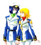  1boy 1girl athrun_zala cagalli_yula_athha couple gundam gundam_seed gundam_seed_destiny hat holding_hands jewelry maccha_(jam513) military military_hat military_uniform officer peaked_cap ring smile uniform white_background 