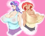  absurd_res big_breasts blush breasts cleavage clothed clothing duo equestria_girls female friendship_is_magic hi_res horn horned_humanoid huge_breasts humanoid inverted_nipples my_little_pony nipple_outline nipples starlight_glimmer_(mlp) sundown_(artist) sunset_shimmer_(eg) 