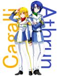  1boy 1girl athrun_zala blonde_hair blue_hair cagalli_yula_athha character_name crossed_arms full_body green_eyes gundam gundam_seed gundam_seed_destiny maccha_(jam513) military military_uniform salute smile uniform yellow_eyes 