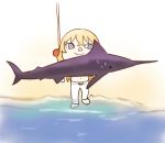  1boy barefoot beach blonde_hair doubutsu_no_mori fate/grand_order fate_(series) fishing_rod holding_fish kirschtaria_wodime long_hair male_focus shirtless siya_ho smile swordfish 