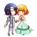  1boy 1girl absurdres athrun_zala blonde_hair blue_hair cagalli_yula_athha chibi couple dress green_dress gundam gundam_seed highres holding_hands morihaw smile yellow_eyes 