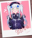  1girl @_@ al_bhed_eyes alternate_costume animal_ears beret blush breasts cat_ears clothes_writing commentary dated embarrassed flying_sweatdrops furrowed_eyebrows girls_frontline green_eyes hair_grab hat heart hk416_(girls_frontline) litsvn long_hair military_jacket photo_(object) scar scar_across_eye silver_hair solo twintails upper_body wavy_mouth 