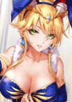  1girl animal_ears artoria_pendragon_(all) artoria_pendragon_(lancer) blonde_hair blue_leotard blue_nails blush braid breasts bridal_gauntlets bunny_ears crown detached_sleeves earrings eyelashes fate/grand_order fate_(series) french_braid fur_collar green_eyes hair_between_eyes highres jewelry large_breasts leotard long_hair looking_at_viewer sakiyamama sidelocks solo 