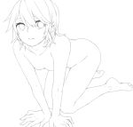  1girl all_fours ass breasts collarbone greyscale hair_between_eyes hands_together kagamine_rin kuronyanko leaning_forward looking_at_viewer messy_hair monochrome nipples nude parted_lips short_hair sketch small_breasts solo vocaloid 