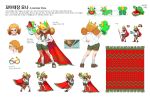  1girl :d absurdres bandaid bandaid_on_arm bandaid_on_finger bandaid_on_knee blue_eyes blush boots brown_footwear cape child colorful concept_art contrapposto crown dirty_clothes full_body glasses green_shorts grin hand_on_hip highres holding hosi_na korean_text lensless_glasses looking_at_viewer loose_clothes medium_hair missing_tooth multiple_views open_mouth orange_hair original red_cape shirt short_sleeves shorts simple_background smile twintails water_gun white_background white_shirt 
