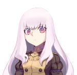  1girl absurdres boa_(brianoa) brown_jacket closed_mouth epaulettes eyebrows_visible_through_hair eyelashes fire_emblem fire_emblem:_three_houses highres jacket juliet_sleeves long_sleeves looking_at_viewer lysithea_von_ordelia pink_eyes pink_hair puffy_sleeves simple_background solo upper_body white_background wide-eyed 