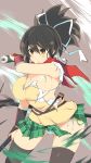  1girl asuka_(senran_kagura) black_hair bra breasts closed_mouth gloves hair_ornament highres large_breasts ponytail red_scarf ribbon scarf senran_kagura shirt skirt solo tenpesuto thighhighs torn torn_bra torn_clothes torn_scarf torn_shirt torn_skirt underwear white_ribbon yellow_eyes 