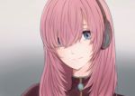  1girl bangs black_shirt blue_eyes commentary grey_background hair_between_eyes hair_over_one_eye headphones highres light_smile long_hair looking_at_viewer megurine_luka moa0291 pink_hair portrait shirt solo vocaloid 