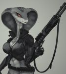  agent_torque big_breasts breasts cleavage clothed clothing female greyscale holding_object holding_weapon impracticalart monochrome naga reptile scalie serpentine snake snake_hood solo video_games viper_(x-com) weapon x-com x-com:_chimera_squad 