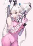  1girl :d animal_ears bare_shoulders blush bodysuit breasts brown_background bunny_ears covered_navel detached_sleeves english_text finger_on_trigger gloves grey_hair gun hair_intakes hands_up headgear headset heart heart-shaped_pupils highres holding holding_gun holding_weapon lee_seok_ho long_hair long_sleeves looking_at_viewer open_mouth original pink_bodysuit pink_gloves puffy_long_sleeves puffy_sleeves red_eyes sash simple_background small_breasts smile solo symbol-shaped_pupils two-handed two_side_up upper_teeth very_long_hair weapon zipper 