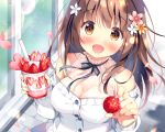  blush breasts brown_eyes brown_hair cleavage cropped flowers food fruit ice_cream kokoa-chan_(pan) long_hair original pan_(mimi) petals ribbons strawberry waifu2x 